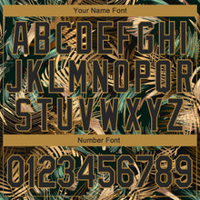 Load image into Gallery viewer, Custom Black Old Gold 3D Pattern Design Golden And Green Tropical Leaves In The Style Of Jungle And Hawaii Performance T-Shirt