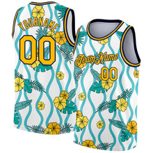 Load image into Gallery viewer, Custom White Gold-Navy 3D Pattern Tropical Hawaii Plant And Flower Authentic Basketball Jersey