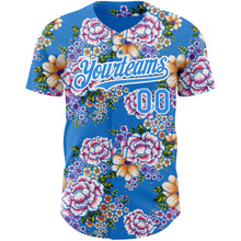 Load image into Gallery viewer, Custom Electric Blue White 3D Pattern Design Northeast China Big Flower Authentic Baseball Jersey