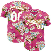Load image into Gallery viewer, Custom Hot Pink White-Old Gold 3D Pattern Design Northeast China Big Flower Authentic Baseball Jersey