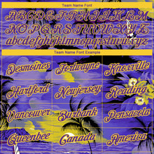 Load image into Gallery viewer, Custom Purple Yellow 3D Pattern Design Sun Beach Hawaii Palm Trees Performance T-Shirt