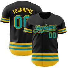 Load image into Gallery viewer, Custom Black Teal-Yellow Line Authentic Baseball Jersey