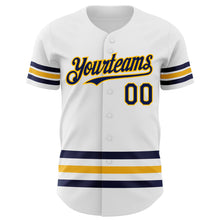 Load image into Gallery viewer, Custom White Navy-Gold Line Authentic Baseball Jersey