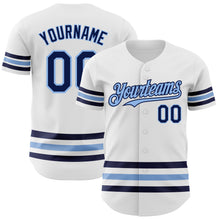 Load image into Gallery viewer, Custom White Navy-Light Blue Line Authentic Baseball Jersey