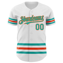 Load image into Gallery viewer, Custom White Aqua-Orange Line Authentic Baseball Jersey