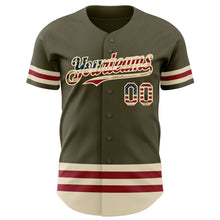 Load image into Gallery viewer, Custom Olive Vintage USA Flag Cream-Maroon Line Authentic Salute To Service Baseball Jersey