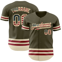 Load image into Gallery viewer, Custom Olive Vintage USA Flag Cream-Maroon Line Authentic Salute To Service Baseball Jersey