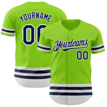 Load image into Gallery viewer, Custom Neon Green Navy-White Line Authentic Baseball Jersey