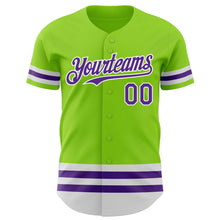 Load image into Gallery viewer, Custom Neon Green Purple-White Line Authentic Baseball Jersey