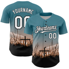 Load image into Gallery viewer, Custom Teal White-Black 3D Pattern Design Religion Cross Jesus Christ Good Friday Authentic Baseball Jersey