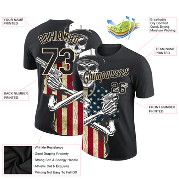 Custom Black City Cream 3D Skull Killer With American Flag Performance T-Shirt