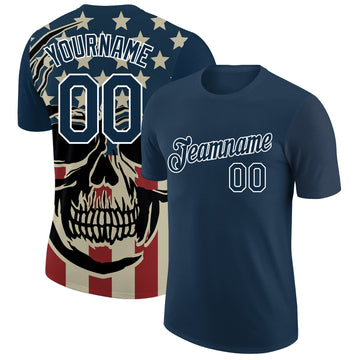 Custom US Navy Blue White 3D Skull With American Flag Performance T-Shirt
