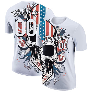 Custom White Black 3D Skull With American Flag Performance T-Shirt