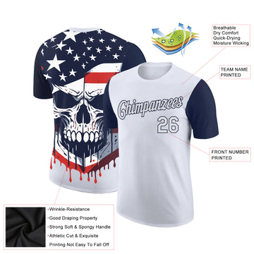 Custom White Navy 3D Skull With American Flag Performance T-Shirt