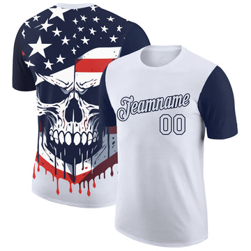 Custom White Navy 3D Skull With American Flag Performance T-Shirt