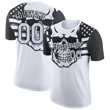 Custom White Black 3D Skull With American Flag Performance T-Shirt