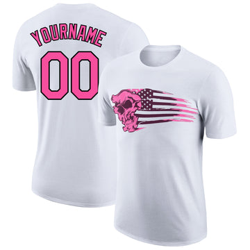 Custom White Pink-Black 3D Skull With American Flag Performance T-Shirt