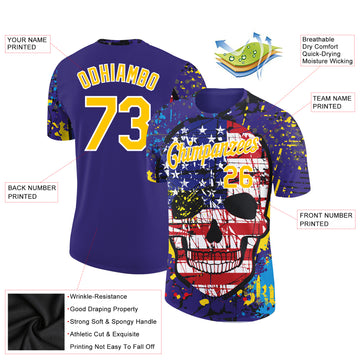 Custom Purple Yellow-White 3D Skull With American Flag Performance T-Shirt