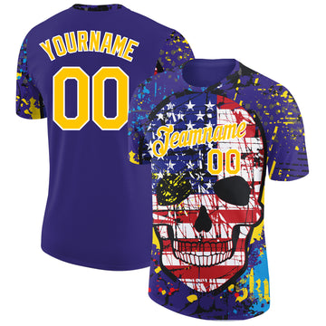 Custom Purple Yellow-White 3D Skull With American Flag Performance T-Shirt