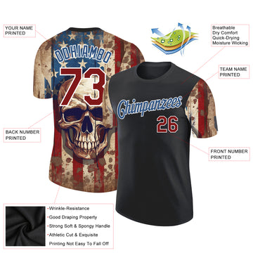 Custom Black Crimson-Blue 3D Skull With American Flag Performance T-Shirt