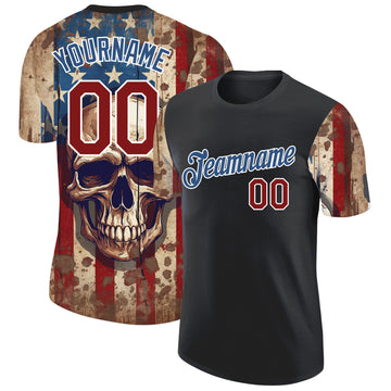 Custom Black Crimson-Blue 3D Skull With American Flag Performance T-Shirt