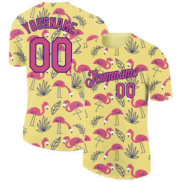 Custom Yellow Pink-Purple 3D Pattern Design Tropical Hawaii Flamingo Performance T-Shirt