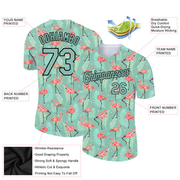 Custom Teal Black 3D Pattern Design Tropical Hawaii Flamingo Performance T-Shirt