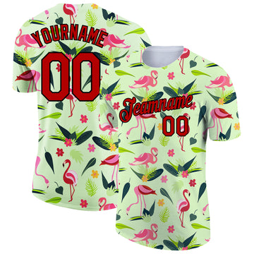 Custom Pea Green Red-Black 3D Pattern Design Tropical Hawaii Flamingo Performance T-Shirt