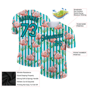 Custom White Teal-Black 3D Pattern Design Tropical Hawaii Flamingo Performance T-Shirt