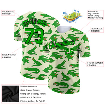 Custom Cream Aurora Green-Black 3D Pattern Design Crocodile Performance T-Shirt