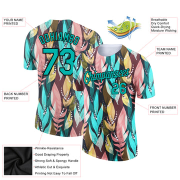 Custom Aqua Black 3D Pattern Design Tropical Palm Leaf Performance T-Shirt