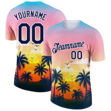 Load image into Gallery viewer, Custom Pink Navy-White 3D Pattern Design Hawaii Palm Trees Performance T-Shirt