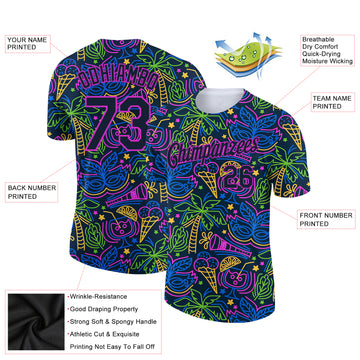 Custom Navy Purple 3D Pattern Design Hawaii Summer Holiday Party Performance T-Shirt