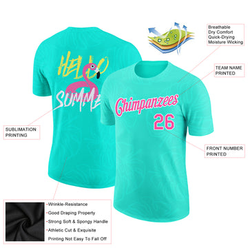 Custom Aqua Pink-White 3D Pattern Design Summer Holiday Hawaii Palm Leaves Performance T-Shirt