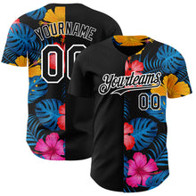 Load image into Gallery viewer, Custom Black White 3D Pattern Design Tropical Flower And Hawaii Palm Leaves Authentic Baseball Jersey