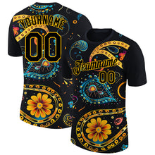 Load image into Gallery viewer, Custom Black Gold 3D Pattern Floral Design Performance T-Shirt