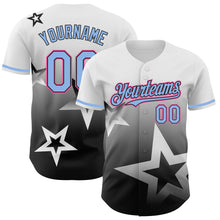 Load image into Gallery viewer, Custom White Light Blue Black-Pink 3D Pattern Design Gradient Style Twinkle Star Authentic Baseball Jersey