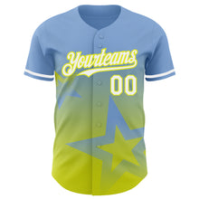 Load image into Gallery viewer, Custom Light Blue White-Neon Yellow 3D Pattern Design Gradient Style Twinkle Star Authentic Baseball Jersey