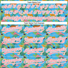 Load image into Gallery viewer, Custom Sky Blue Medium Pink-White 3D Pattern Design Animal Tiger Leopard Flamingo And Hawaii Palm Leaves Authentic Baseball Jersey