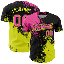 Load image into Gallery viewer, Custom Pink Black-Neon Yellow 3D Pattern Design Abstract Brush Stroke Authentic Baseball Jersey