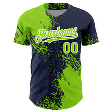 Load image into Gallery viewer, Custom Neon Green Navy-White 3D Pattern Design Abstract Brush Stroke Authentic Baseball Jersey