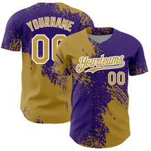 Load image into Gallery viewer, Custom Old Gold Purple-White 3D Pattern Design Abstract Brush Stroke Authentic Baseball Jersey