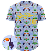 Load image into Gallery viewer, Custom Light Blue Yellow 3D Pattern Design Animal Toucan And Tropical Hawaii Palm Leaves Authentic Baseball Jersey