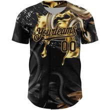 Load image into Gallery viewer, Custom Black Old Gold 3D Pattern Design Animal Snake Authentic Baseball Jersey