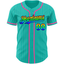 Load image into Gallery viewer, Custom Aqua White Pinstripe Rainbow Navy-Pink 3D Authentic Baseball Jersey