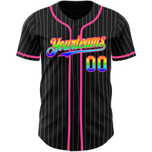 Load image into Gallery viewer, Custom Black White Pinstripe Rainbow-Pink 3D Authentic Baseball Jersey