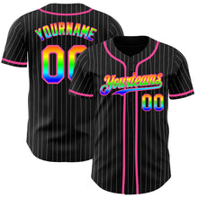 Load image into Gallery viewer, Custom Black White Pinstripe Rainbow-Pink 3D Authentic Baseball Jersey