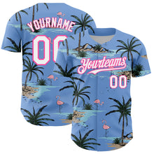 Load image into Gallery viewer, Custom Light Blue White-Pink 3D Pattern Design Tropical Hawaii Palm Trees Authentic Baseball Jersey