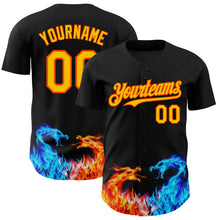 Load image into Gallery viewer, Custom Black Yellow-Orange 3D Pattern Design Fire Dragon Authentic Baseball Jersey