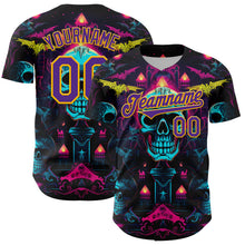 Load image into Gallery viewer, Custom Black Purple-Gold 3D Pattern Design Rave Skull Authentic Baseball Jersey